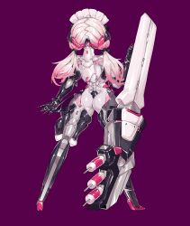 Rule 34 | 1girl, absurdres, arms behind back, ass, bodysuit, bound, bound arms, bound legs, breasts, cannon, digitigrade, exoskeleton, from behind, full body, highres, jian xuanyuan, large breasts, latex, long hair, low twintails, mecha musume, mechanical arms, mechanical legs, original, pink hair, purple background, reverse prayer, second-party source, shiny clothes, skin tight, solo, standing, stealth bondage, twintails, variant set