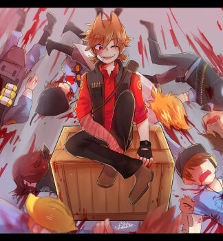 6+boys animification bandage_on_face bandages black_pants black_vest blood blu_demoman_(tf2) blu_engineer_(tf2) blu_heavy_(tf2) blu_scout_(tf2) blu_soldier_(tf2) boots box brown_boots brown_hair bullet burn_scar character_request commentary cosplay death demoman_(tf2) demoman_(tf2)_(cosplay) edd_(eddsworld) eddsworld eduardo_(eddsworld) engineer_(tf2) engineer_(tf2)_(cosplay) english_commentary fang hair_ears hard_hat heavy_(tf2) heavy_(tf2)_(cosplay) helmet highres indian_style male_focus matt_(eddsworld) molechan multiple_boys on_box one_eye_closed open_clothes open_mouth open_vest pants patryck_(eddsworld) paul_(eddsworld) red_eyes red_shirt red_sniper_(tf2) scar scar_on_arm scar_on_face scout_(tf2) scout_(tf2)_(cosplay) shirt short_hair sitting sitting_on_box smile sniper_(tf2) sniper_(tf2)_(cosplay) soldier_(tf2) soldier_(tf2)_(cosplay) solo_focus team_fortress_2 tom_(eddsworld) tomee_bear_(eddsworld) tord_(eddsworld) vest