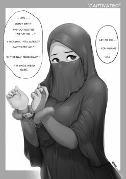 1girl 2017 bdsm border bridal_gauntlets facing_viewer fuzzy_handcuffs grey_border handcuffed highres hijab looking_at_viewer nigaw niqab outside_border simple_background solo speech_bubble tagme upper_body white_background