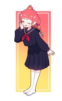 Rule 34 | 1girl, black serafuku, blunt bangs, border, braid, commentary, fangs, full body, highres, hikasa tomoshika, long sleeves, neckerchief, one eye closed, onpa (onpa sound), open mouth, pleated skirt, red hair, red neckerchief, sailor collar, school uniform, serafuku, skin fangs, skirt, socks, solo, untranslatable commentary, transparent border, virtual youtuber, voms, white socks, yellow nails