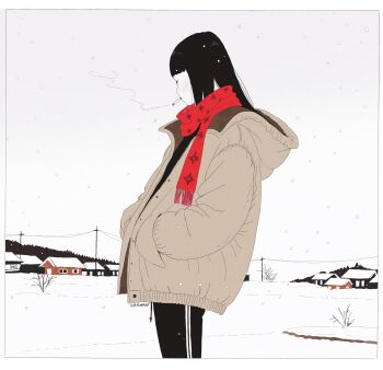 1girl absurdres black_hair blunt_bangs brown_coat cigarette closed_eyes coat commentary cowboy_shot english_commentary from_side hands_in_pockets highres house original red_scarf scarf signature smoking snow snowing solo utility_pole virtuware winter_clothes winter_coat