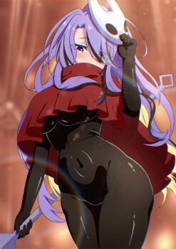 1girl absurdres black_bodystocking black_bodysuit blush bodysuit breasts chromatic_aberration cloak cosplay covered_navel highres holding holding_weapon hollow_knight hollow_knight:_silksong hololive hololive_indonesia horned_mask hornet_(hollow_knight) hornet_(hollow_knight)_(cosplay) kaiyen large_breasts light_particles long_hair looking_at_viewer mask moona_hoshinova purple_hair rain red_cloak solo virtual_youtuber weapon white_mask