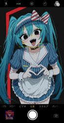 Rule 34 | 2girls, apron, aqua hair, arrow (symbol), beautifulremi, black background, black choker, black eyes, blue dress, bow, choker, collarbone, cowboy shot, dress, drill hair, frilled apron, frills, gloves, hair bow, hair intakes, hand up, hatsune miku, heart, heart hands, highres, icon (computing), kasane teto, leaning forward, long hair, looking at viewer, mesmerizer (vocaloid), multiple girls, no pupils, open mouth, own hands together, partially translated, puffy short sleeves, puffy sleeves, red bow, red hair, sharp teeth, short hair, short sleeves, solo focus, standing, striped clothes, striped dress, taking picture, teeth, tongue, tongue out, translation request, twin drills, twintails, upper teeth only, utau, v, vertical-striped clothes, vertical-striped dress, viewfinder, visor cap, vocaloid, waist apron, white apron, white bow, wrist cuffs, yellow gloves