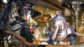 Rule 34 | 3boys, 3girls, adoptive parent and adoptive child, adoptive siblings, animal ears, architecture, arknights, basket, black gloves, black hair, black headband, blaze (arknights), blaze the igniting spark (arknights), bracelet, braid, cat boy, cat ears, cat girl, character doll, chinese clothes, closed eyes, closed mouth, copyright name, cup, doll, east asian architecture, eating, family bonding, father and daughter, food, fruit, full moon, gloves, goldfish lantern, gu quan (arknights), hair between eyes, head rest, headband, high ponytail, highres, holding, holding food, indoors, jewelry, lantern, long bangs, long hair, long sleeves, looking at another, low-tied long hair, metal teapot, mid-autumn festival, mole, mole under mouth, moon, multiple boys, multiple girls, multiple rings, night, night sky, official art, orange red pastry, persimmon, plate, ponytail, purple eyes, purple hair, ring, second-party source, siblings, sisters, sitting, sky, smile, teacup, teapot, very long hair, xingzhu (arknights)