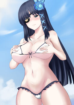 1girl bikini black_eyes black_hair blue_ribbon blue_sky blunt_bangs blush breasts closed_mouth collarbone covered_erect_nipples cowboy_shot day eyepatch female_focus flower frilled_bikini frills frown groin hair_flower hair_ornament hair_ribbon highres large_breasts long_hair micro_bikini nagisa_(phantasy_star) navel phantasy_star phantasy_star_portable_2 phantasy_star_portable_2_infinity ribbon sky solo stomach swimsuit tress_ribbon white_bikini