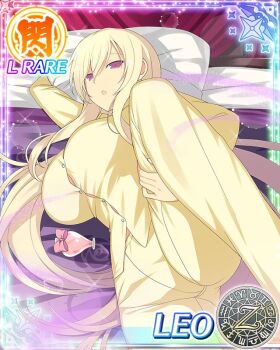 Rule 34 | 1girl, :o, aphrodisiac, aquarius (symbol), aries (symbol), aroused, bed, bed sheet, blonde hair, bow, breasts, cancer (symbol), capricorn (symbol), card (medium), character name, come hither, dodecagram, drugged, floral print, gas, gemini (symbol), hair between eyes, heart-shaped bottle, heavy lens flare, huge breasts, lens flare, leo (senran kagura), leo (symbol), libra (symbol), light particles, long hair, looking at viewer, love potion, lying, official art, on bed, on side, pajamas, pants, pillow, pink bow, pisces (symbol), purple eyes, sagittarius (symbol), school emblem, scorpio (symbol), senran kagura, senran kagura new wave, shirt, solo, sparkle, spread legs, taurus (symbol), very long hair, virgo (symbol), yellow pajamas, yellow pants, yellow shirt, zodiac wheel