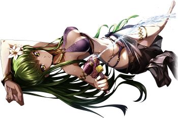1girl absurdres aiming aiming_at_viewer arm_up armlet artist_request bare_shoulders barefoot bikini black_sarong blush breasts c.c. code_geass code_geass:_lost_stories finger_on_trigger firing full_body game_cg gold green_hair highres holding holding_water_gun jewelry knees_together_feet_apart light_blush long_hair looking_at_viewer lying medium_breasts multi-strapped_bikini_bottom multi-strapped_bikini_top navel non-web_source o-ring o-ring_bikini official_art on_back parted_lips purple_bikini resized ring sarong see-through_clothes see-through_sarong sidelocks simple_background skindentation solo squirting_liquid stomach sweat swimsuit teeth thighlet transparent_background upscaled very_long_hair water water_gun yellow_eyes