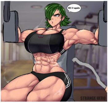 1girl 2020 abs armpits artist_name avis_(strangehero) breasts collarbone commentary day english_commentary english_text exercising exercise_machine feet_out_of_frame female_focus green_eyes green_hair gym gym_shorts hair_over_one_eye highres huge_breasts indoors muscular muscular_female navel original outstretched_arms parted_lips piercing puckered_lips serious short_hair shorts sitting solo speech_bubble sports_bra steaming_body strangehero sweat thick_thighs thighs wide_hips