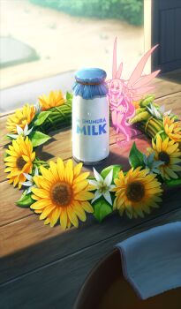 bottle commentary_request day fairy fate/grand_order fate_(series) flower game_cg head_wreath milk_bottle no_humans object_focus official_art sunflower sunlight tatsuyo third-party_source unworn_headwear