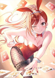 Rule 34 | 1girl, ;), arisugawa natsuha, bare shoulders, black pantyhose, blush, bow, bowtie, breasts, bridal garter, card, cleavage, collarbone, detached collar, fishnet pantyhose, fishnets, highres, idolmaster, idolmaster shiny colors, leotard, long hair, looking at viewer, medium breasts, one eye closed, orange hair, pantyhose, playboy bunny, playing card, ponntatta, ponytail, red bow, red bowtie, red leotard, smile, solo, strapless, strapless leotard, very long hair, wrist cuffs