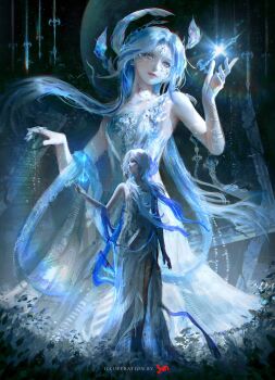 1girl artist_name black_sky blue_dress blue_eyes blue_hair blue_shawl born_flawless_(infinity_nikki) closed_mouth commentary cracked_skin dress english_commentary expressionless facepaint feather_hair_ornament feathers full_body full_moon gown gradient_hair grass hair_ornament highres infinity_nikki jvn lipstick long_dress long_hair makeup moon multicolored_hair multiple_views night nikki_(series) outdoors outstretched_hand photorealistic realistic red_lips shawl single_strap sky sleeveless sleeveless_dress standing sword very_long_hair weapon