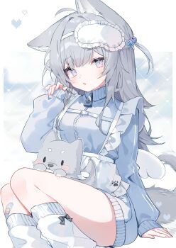 1girl absurdres animal_ear_fluff animal_ears apron bandaid bandaid_on_knee bandaid_on_leg blue_jacket blush dog frilled_apron frills grey_eyes grey_hair grey_tail hair_ornament highres jacket leg_warmers long_hair long_sleeves looking_at_viewer loose_socks maid maid_apron mask mask_on_head mokyuko open_mouth original sitting sleep_mask sleeves_past_wrists socks solo tail track_jacket turtleneck turtleneck_jacket two_side_up unconventional_maid white_apron white_socks wolf wolf_ears wolf_girl wolf_tail zipper zipper_pull_tab