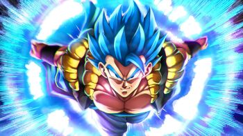 Rule 34 | 1boy, aura, black vest, blue eyes, blue hair, closed eyes, dragon ball, dragon ball super, dragon ball super broly, gogeta, highres, male focus, medium hair, metamoran vest, muscular, muscular male, no shirt, rz28kp, smirk, solo, spiked hair, vest