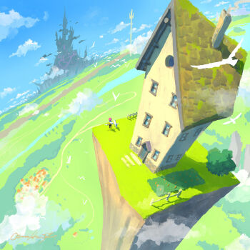 Rule 34 | 1other, bird, chimney, cloud, cloudy sky, commentary request, dog, dutch angle, fantasy, flock, fortress, from above, highres, holding, holding sword, holding weapon, horizon, house, katou oswaldo, moss, original, pink hair, plateau, scenery, sky, smoke, smoke trail, sword, village, weapon