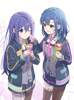 2girls :t ahoge blue_hair braid cardigan closed_mouth collared_shirt crepe food fruit green_eyes grey_cardigan hair_ornament hairclip highres holding holding_crepe holding_food ice_cream_crepe idolmaster idolmaster_million_live! idolmaster_million_live!_theater_days jacket knokzm light_blush long_hair long_sleeves looking_at_another medium_hair mochizuki_anna multiple_girls nanao_yuriko necktie official_alternate_costume one_eye_closed open_clothes open_jacket open_mouth pink_necktie pleated_skirt purple_hair shirt single_leg_pantyhose single_thighhigh skirt standing strawberry strawberry_slice thighhighs wiping_face yellow_eyes