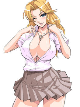 00s 1girl ;) between_breasts bleach blonde_hair blue_eyes blush breasts buttons chain cleavage cowboy_shot dress_shirt female_focus flipped_hair grey_skirt head_tilt huge_breasts jewelry kagami_hirotaka long_hair looking_at_viewer matsumoto_rangiku miniskirt mole mole_under_mouth necklace no_bra one_eye_closed open_clothes open_shirt pleated_skirt reference_work school_uniform serafuku shirt short_sleeves simple_background skirt smile solo standing wavy_hair white_background wing_collar wink
