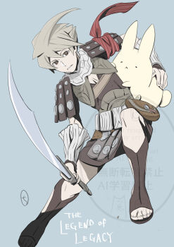 Rule 34 | 1boy, arm up, armor, blue background, boots, brown boots, brown eyes, commentary request, copyright name, creature, full body, grey hair, hair between eyes, highres, holding, holding creature, holding sword, holding weapon, kobayashi chizuru, male focus, meurs, open-toe boots, parted lips, red ribbon, ribbon, shoulder armor, signature, sword, the legend of legacy, weapon