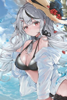 Rule 34 | 1girl, appleseed (appleseed art), bikini, black bikini, black streaks, braid, breasts, center-flap bangs, cleavage, commentary request, day, double-parted bangs, frilled thigh strap, grey hair, hair ornament, hairclip, highres, hololive, jacket, large breasts, long hair, looking at viewer, ocean, off shoulder, outdoors, red eyes, sakamata chloe, side braid, solo, swimsuit, thigh strap, virtual youtuber, wet, white jacket, x hair ornament