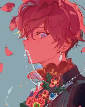 Rule 34 | 1boy, amagi hiiro, chain, chain necklace, commentary request, earrings, ensemble stars!, falling petals, grey background, jewelry, korean commentary, kuzuvine, looking at viewer, male focus, necklace, necklace in mouth, official alternate costume, petals, red hair, red petals, short hair, sideways glance, simple background, solo