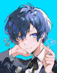 Rule 34 | 1boy, absurdres, bibi booom, black jacket, blue background, blue eyes, blue hair, blush, closed mouth, collared shirt, gekkoukan high school uniform, hair between eyes, hand on own cheek, hand on own face, heart, highres, jacket, long sleeves, looking at viewer, male focus, musical note, neck ribbon, persona, persona 3, ribbon, school uniform, shirt, simple background, solo, sparkle, upper body, white shirt