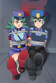 2girls absurdres aqua_hair arms_behind_back bdsm bondage bound bound_ankles bound_arms breasts brown_eyes high_heels highres jenny_(pokemon) legs looking_at_another lost_one_zero multiple_girls nintendo pokemon pokemon_(anime) pokemon_(classic_anime) pokemon_sm_(anime) police police_uniform policewoman scared tape tape_bondage team_rocket worried