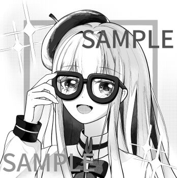 1girl adjusting_eyewear beret bespectacled bingtang_ban_shizi bow bowtie chinese_commentary collared_shirt commentary_request eyelashes fang fingernails glasses halftone halftone_background hand_on_eyewear happy hat highres long_hair long_sidelocks long_sleeves looking_at_viewer miracle_nikki nikki_(nikki) nikki_(series) open_mouth sample_watermark shirt sidelocks smile solo sparkle straight_hair upper_body very_long_hair watermark white_background youth_poem_(miracle_nikki)