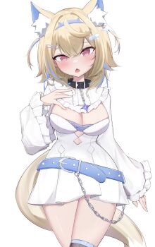 1girl absurdres alternate_hair_length alternate_hairstyle animal_collar animal_ears arm_at_side bandaid bandaid_hair_ornament belt bib_collar black_collar blonde_hair blue_belt blue_hairband blue_streaks blush breasts center_frills chestnut_mouth cleavage cleavage_cutout clothing_cutout collar commentary contrapposto cowboy_shot crossed_legs cutout_above_navel detached_collar dog_ears dog_girl dog_tail double-parted_bangs dress embarrassed english_commentary fake_horns frilled_shirt_collar frilled_sleeves frills fuwawa_abyssgard fuwawa_abyssgard_(1st_costume) hair_between_eyes hair_ornament hairband hairclip hand_on_own_chest heart highres hololive hololive_english horn_hairband horns long_sleeves looking_at_viewer medium_breasts miixxc multicolored_hair narrow_waist no_jacket open_mouth over-kneehighs parallel_hairclips red_eyes short_dress short_hair simple_background single_over-kneehigh single_thighhigh solo spiked_collar spikes spoken_heart streaked_hair tail thighhighs two_side_up virtual_youtuber white_background white_dress wide_hips