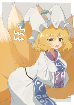 Rule 34 | 1girl, absurdres, blonde hair, blue tabard, blush, border, breasts, commentary request, cowboy shot, dress, edamanecha, fox girl, fox tail, grey background, hair between eyes, hands in opposite sleeves, hat, highres, kitsune, large breasts, leaning forward, mob cap, open mouth, outside border, short hair, simple background, solo, tabard, tail, touhou, white border, white dress, white hat, yakumo ran, yellow eyes