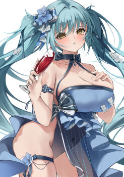 1girl absurdres alcohol aqua_hair arm_bow arm_strap bare_shoulders black_leotard blue_bow blue_dress blue_flower blush bow breasts champagne_flute cleavage collarbone commentary covered_navel cowboy_shot cross cross_necklace cup dress dress_bow dress_flower drinking_glass flower flower_thigh_strap goddess_of_victory:_nikke hair_between_eyes hair_bow hair_flower hair_ornament haku_(liiixixixiii) halter_dress halterneck hand_on_own_chest highres holding holding_cup jewelry large_breasts leaning_forward leotard leotard_under_clothes long_hair looking_at_viewer necklace official_alternate_costume parted_lips pelvic_curtain pendant privaty_(banquet_princess)_(nikke) privaty_(nikke) raised_eyebrows see-through_clothes see-through_dress simple_background sleeveless sleeveless_dress solo standing thigh_strap twintails very_long_hair white_background white_flower wine yellow_eyes
