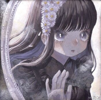 1girl black_hair commentary_request eyelashes flower flower_wreath frills hair_flower hair_ornament head_wreath highres long_hair mirror monou_pico original purple_eyes reflection solo upper_body white_flower