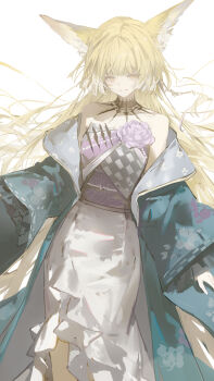 1girl absurdres animal_ear_fluff animal_ears arknights bare_shoulders blonde_hair chinese_commentary coat commentary_request dress facial_scar flower fox_ears fox_girl green_coat grin highres long_hair long_sleeves luozhou_pile off_shoulder official_alternate_costume open_clothes open_coat orange_eyes parted_lips partial_commentary purple_flower purple_rose rose scar scar_on_cheek scar_on_face simple_background smile solo vulpisfoglia_(arknights) vulpisfoglia_(out_of_focus)_(arknights) white_background white_dress yellow_eyes