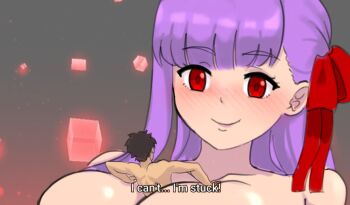 1boy 1girl bb_(fate) bb_(swimsuit_mooncancer)_(fate) between_breasts black_hair blush breasts completely_nude cube english_text fate/grand_order fate_(series) fujimaru_ritsuka_(male) giant giantess hair_ribbon large_breasts long_hair looking_at_viewer mato_seihei_no_slave nude purple_eyes purple_hair raskasar red_ribbon ribbon scene_reference short_hair very_long_hair