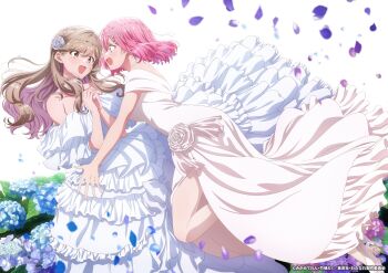 2girls :d absurdres amaori_renako bride brown_hair dress eye_contact falling_petals flower hair_flower hair_ornament high_heels highres hydrangea imminent_hug jewelry long_hair looking_at_another multiple_girls official_art open_mouth own_hands_clasped own_hands_together petals pink_hair ring sena_ajisai short_hair smile thighs watashi_ga_koibito_ni_nareru_wake_naijan_murimuri! wavy_hair white_dress x_hair_ornament yuri
