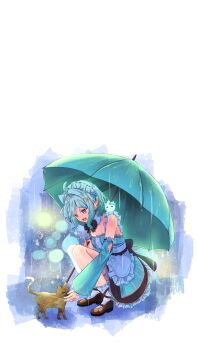 1girl :d absurdres ahoge amezato_noin apron asymmetrical_legwear black_bow black_bowtie black_shoes blue_eyes bow bowtie breasts cat commentary detached_collar detached_sleeves dress frilled_apron frills full_body gradient_hair green_dress green_hair green_sleeves green_umbrella hair_ornament highres holding holding_umbrella indie_virtual_youtuber long_sleeves maid_headdress medium_breasts mint_fantome mint_fantome_(minto_2.0) multicolored_hair open_mouth outdoors petting rain shoes short_hair sleeve_garter sleeveless sleeveless_dress smile socks solo squatting symbol-only_commentary thighhighs two-tone_hair umbrella uneven_legwear virtual_youtuber waist_apron white_background white_hair white_socks white_thighhighs x_hair_ornament