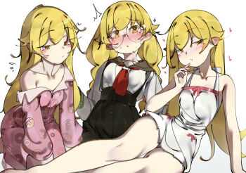 1girl absurdres bakemonogatari bare_shoulders blonde_hair blush breasts camisole collarbone cosplay deko_morii donut feet_out_of_frame food food-themed_clothes glasses hair_between_eyes hanekawa_tsubasa hanekawa_tsubasa_(cosplay) highres long_hair looking_at_viewer monogatari_(series) multiple_views off_shoulder oshino_shinobu pajamas pink_pajamas pointy_ears school_uniform sitting sleepwear small_breasts thighs vampire white_camisole yellow_eyes