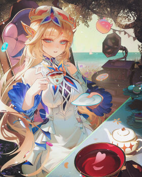 1girl absurdres bare_shoulders beret bird blonde_hair blue_eyes bowl breasts chair commentary cross-shaped_pupils cup detached_sleeves dress drinking_glass english_commentary facial_mark falling_petals flower food forehead_mark genshin_impact hat highres holding holding_cup holding_plate large_breasts long_hair looking_at_viewer nicole_(genshin_impact) outdoors parted_lips petals phonograph plate pointy_ears sitting sky slime_(creature) solo symbol-shaped_pupils table tea_party teacup teapot tree very_long_hair water white_dress white_hat white_sleeves wide_sleeves ziiiing