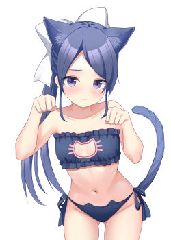 1girl absurdres animal_ears bare_shoulders bow cat_ears cat_lingerie cat_tail closed_mouth commentary_request cool_squid398 hair_bow high_ponytail highres hiumi_nanoka long_hair looking_at_viewer navel paw_pose ponytail purple_eyes purple_hair shine_post solo tail white_background white_bow
