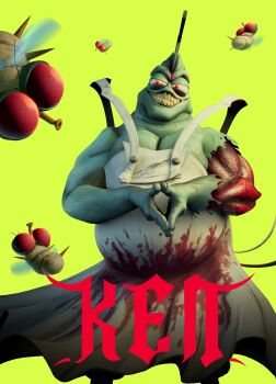 1boy 3d absurdres apron blood bug character_name cleaver colored_skin fly glitch_productions green_skin grin highres insect ken_(gaslight_district) official_art red_eyes smile teeth the_gaslight_district weapon_in_head zombie