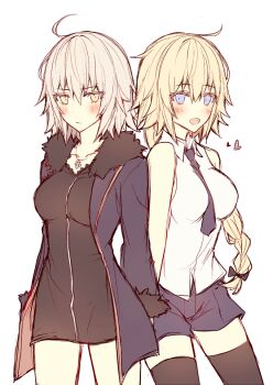 2girls ahoge bare_shoulders black_bow black_dress black_thighhighs blonde_hair blue_eyes blush bow braid breasts closed_mouth collarbone collared_shirt commentary cowboy_shot dress dual_persona eyelashes fate/grand_order fate_(series) fur-trimmed_jacket fur-trimmed_sleeves fur_trim grey_hair hair_between_eyes hair_bow half-closed_eyes heart jacket jeanne_d'arc_(fate) jeanne_d'arc_(girl_from_orleans)_(fate) jeanne_d'arc_alter_(avenger)_(fate) jeanne_d'arc_alter_(fate) jeanne_d'arc_alter_(ver._shinjuku_1999)_(fate) jewelry kvlen lapels large_breasts long_hair looking_at_viewer low-braided_long_hair low-tied_long_hair multiple_girls necklace open_clothes open_jacket open_mouth pale_skin purple_jacket purple_shorts red_jacket shirt short_dress short_hair short_shorts shorts sidelocks simple_background single_braid sleeveless sleeveless_dress sleeveless_shirt smile standing teeth thighhighs two-sided_fabric two-sided_jacket untranslatable_commentary white_background white_shirt yellow_eyes