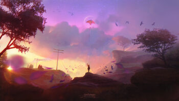 arm_up artist_name bird blurry blurry_foreground cloud cloudy_sky commentary english_commentary highres kite_flying original outdoors paul_nong petals signature sky standing star_(sky) starry_sky sunlight sunset too_many too_many_birds tree utility_pole