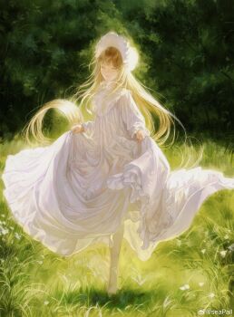 Rule 34 | 1girl, absurdres, barefoot, blonde hair, blunt bangs, blush, closed eyes, closed mouth, dress, grass, hat, highres, holding own dress, long hair, on ground, original, seapall, smile, solo, standing, standing on one leg, watermark, weibo watermark, white dress, white hat