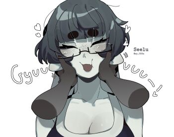 1girl ahoge animal_ears blush breasts colored_skin disembodied_hand english_text freckles grey_hair grey_skin heart highres medium_breasts ny_000a one-piece_swimsuit original seal_(animal) short_hair signature spoken_heart squeezing_cheeks swimsuit thick_eyebrows