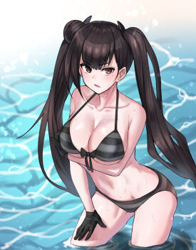 1girl absurdres arm_under_breasts bare_shoulders beruko14 bikini black_bikini black_gloves black_hair black_ribbon blush breasts cleavage collarbone commentary day english_commentary girls&#039;_frontline gloves grey_bikini groin groin_tendon hair_bun hand_on_own_thigh highres large_breasts leaning_forward long_hair looking_at_viewer mixed-language_commentary mole mole_on_shoulder mole_under_eye multicolored_bikini open_mouth ouroboros_(girls&#039;_frontline) outdoors red_eyes revision ribbon round_teeth sangvis_ferri shadow single_hair_bun solo striped_bikini striped_clothes swimsuit teeth thighs tongue twintails two-tone_bikini underboob v-shaped_eyebrows very_long_hair wading water wet