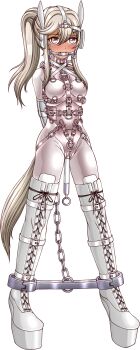 1girl animal_ears arm_binder armbinder arms_behind_back bdsm bit_gag blinders blonde_hair bodysuit bondage boots bound bound_arms breasts bridle chain collar fake_animal_ears fake_tail falalalalalalal full_body gag gag_harness grey_eyes harness heel-less_heels highres hoof_shoes horse_ears horse_tail long_hair looking_at_viewer object_insertion original pet_play platform_boots pony_play ponytail posture_collar shiny_clothes skin_tight slave small_breasts solo spreader_bar standing tail thigh_boots vaginal vaginal_object_insertion white_background white_bodysuit