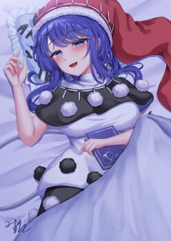 black_capelet blob blush book capelet commentary_request doremy_sweet dream_soul dress floor hat highres mizunisabano multicolored_dress nightcap pom_pom_(clothes) red_hat smile tapir touhou