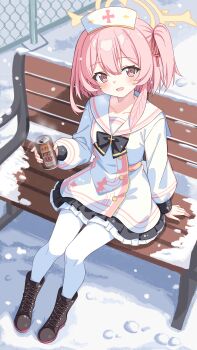 1girl :d absurdres bench black_skirt blue_archive blush boots brown_boots can chain-link_fence collarbone commentary_request day double-parted_bangs drink_can fence frilled_skirt frills full_body hair_between_eyes halo highres holding holding_can lace-up_boots long_sleeves looking_at_viewer one_side_up open_mouth outdoors pantyhose pink_eyes pink_hair pleated_skirt sailor_collar school_uniform serafuku serina_(blue_archive) setteiset shirt short_hair sitting skirt smile snow snowing solo textless_version white_pantyhose white_sailor_collar white_shirt winter yellow_halo