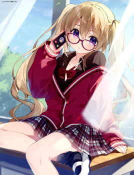 1girl absurdres ankle_socks artist_name black_shirt black_socks blonde_hair bow bowtie cardigan cardigan_partially_removed cellphone collarbone collared_shirt curtains day dengeki_moeoh desk foot_out_of_frame glasses grey_skirt hair_between_eyes hakka_(suimya) hand_up head_tilt highres holding holding_phone indoors leg_up lens_flare light_blush long_hair looking_at_viewer magazine_scan miniskirt on_desk original parted_lips phone plaid_clothes plaid_skirt pleated_skirt purple_eyes red-framed_eyewear red_bow red_bowtie red_cardigan scan school_desk school_uniform shiny_skin shirt shoe_dangle shoes sitting skirt sleeves_past_wrists smartphone socks solo suimya sunlight talking_on_phone third-party_source tree twintails uwabaki very_long_hair window