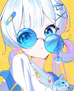 Rule 34 | 1girl, :t, absurdres, bandaid, bandaid hair ornament, blue-framed eyewear, blue-tinted eyewear, blue eyes, blue hair, blunt bangs, cat, chain, chain necklace, closed mouth, colored inner hair, commentary, earrings, gosegu, hair ornament, hair rings, hairclip, heart, highres, jewelry, korean commentary, long hair, looking at viewer, looking over eyewear, lovett35, multicolored hair, necklace, overalls, pink hair, portrait, pout, purple-tinted eyewear, round eyewear, shirt, solo, star (symbol), star hair ornament, stuffed animal, stuffed cat, stuffed toy, sunglasses, tinted eyewear, twintails, two-tone hair, upper body, virtual youtuber, waktaverse, white hair, white shirt, x hair ornament, yellow background