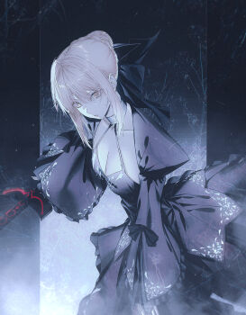 1girl artoria_pendragon_(fate) black_dress blonde_hair braid braided_bun breasts cleavage commentary dress excalibur_morgan_(fate) fate/grand_order fate_(series) fov_ps hair_bun highres holding holding_sword holding_weapon long_hair long_sleeves looking_at_viewer medium_breasts open_mouth saber_alter saber_alter_(third_ascension) sidelocks solo sword weapon yellow_eyes