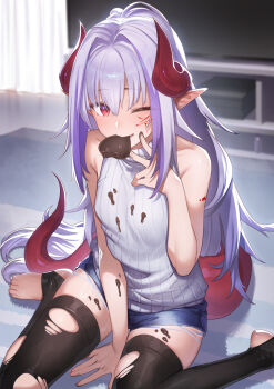 Rule 34 | 1girl, bare shoulders, black thighhighs, blurry, blurry background, candy, chocolate, chocolate heart, commentary request, curtains, cutoffs, denim, denim shorts, depth of field, dragon girl, dragon horns, dragon tail, facial mark, food, food on body, food on clothes, food on legs, hand up, heart, heart-shaped food, highres, horns, ibuki notsu, indoors, long hair, looking at viewer, melusine (ibuki notsu), on floor, one eye closed, open mouth, original, pointy ears, purple hair, red eyes, shorts, smile, solo, sweater vest, tail, television, thighhighs, torn clothes, torn thighhighs, v, very long hair, white sweater vest